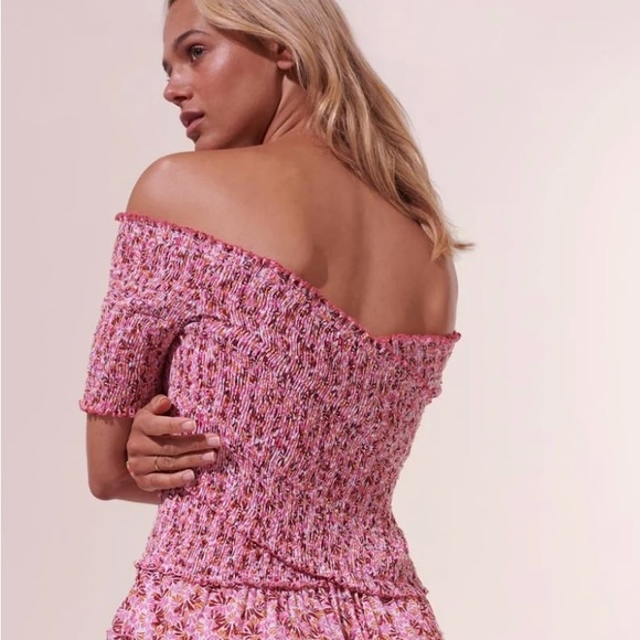 Poupette St Barth Soledad Smocked Midi Dress Pink Damask Floral Off Shoulder - Picture 4 of 16